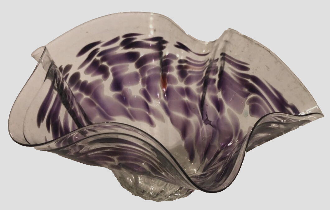 Artist Acrylic Hard Plastic Clear Purple Decorative Resin Wavy Bowl Signed 1994