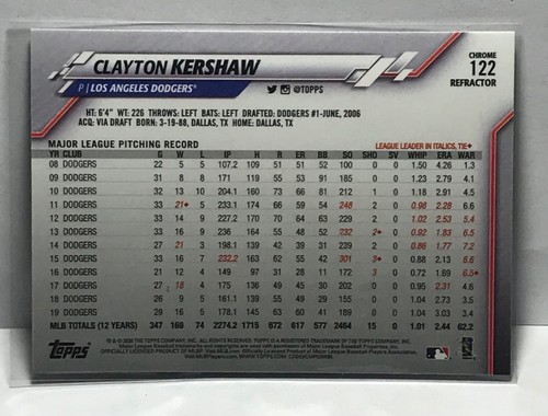 2020 Topps Chrome - Clayton Kershaw - Sepia Refractor - Dodgers - #122 - Bild 2 von 2