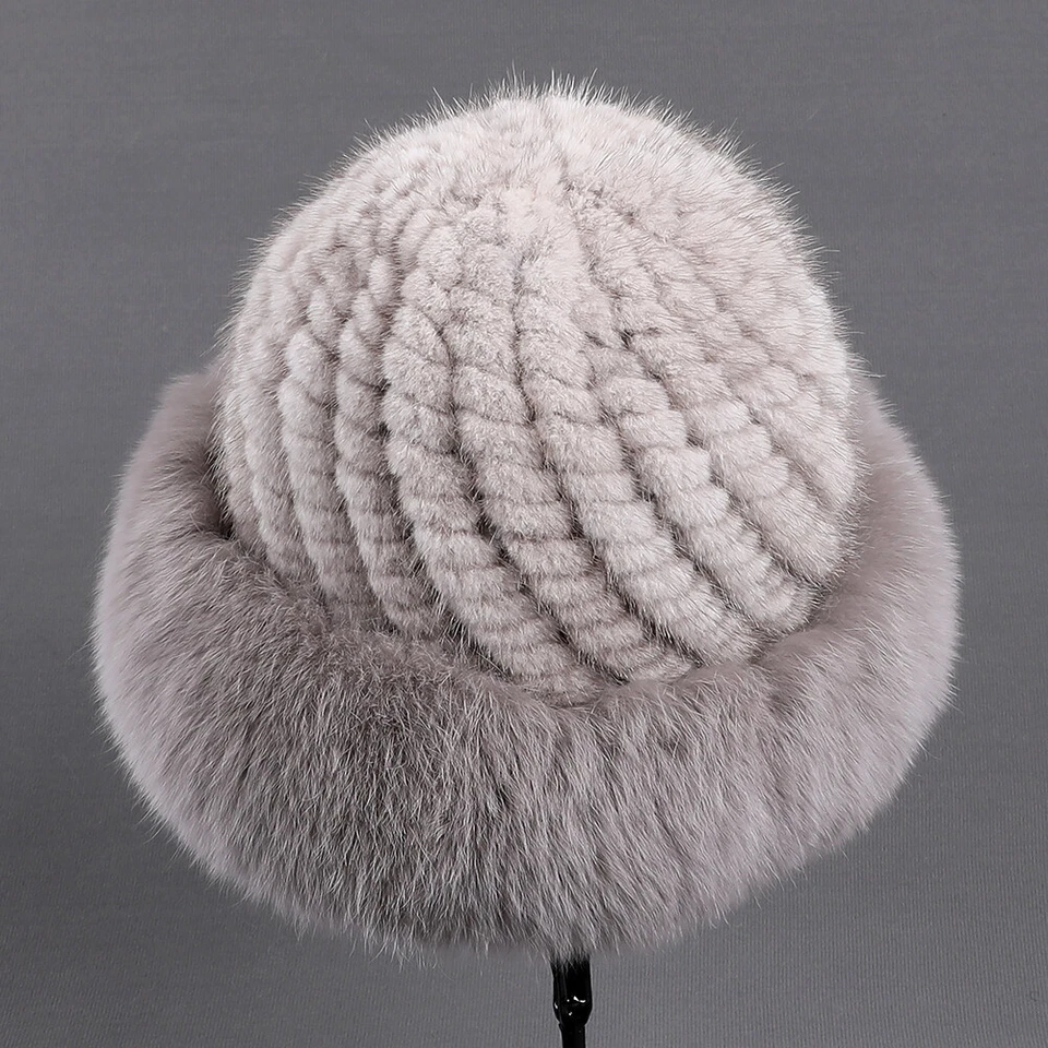Women's Luxury Genuine Mink Hair Knitted Beanie Hat Fox Brim Winter Warm Cap - Image 4 of 4