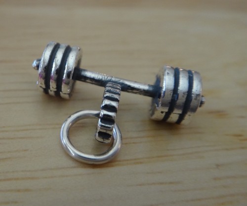 Sterling Silver 3D 12x20mm Weight Lifting Barbell Dumbbell Charm - Picture 4 of 11