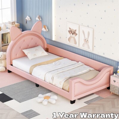 Bed Frame Twin Leather Daybed Pine with Carton Cat Ears Headboard for Kids Pink