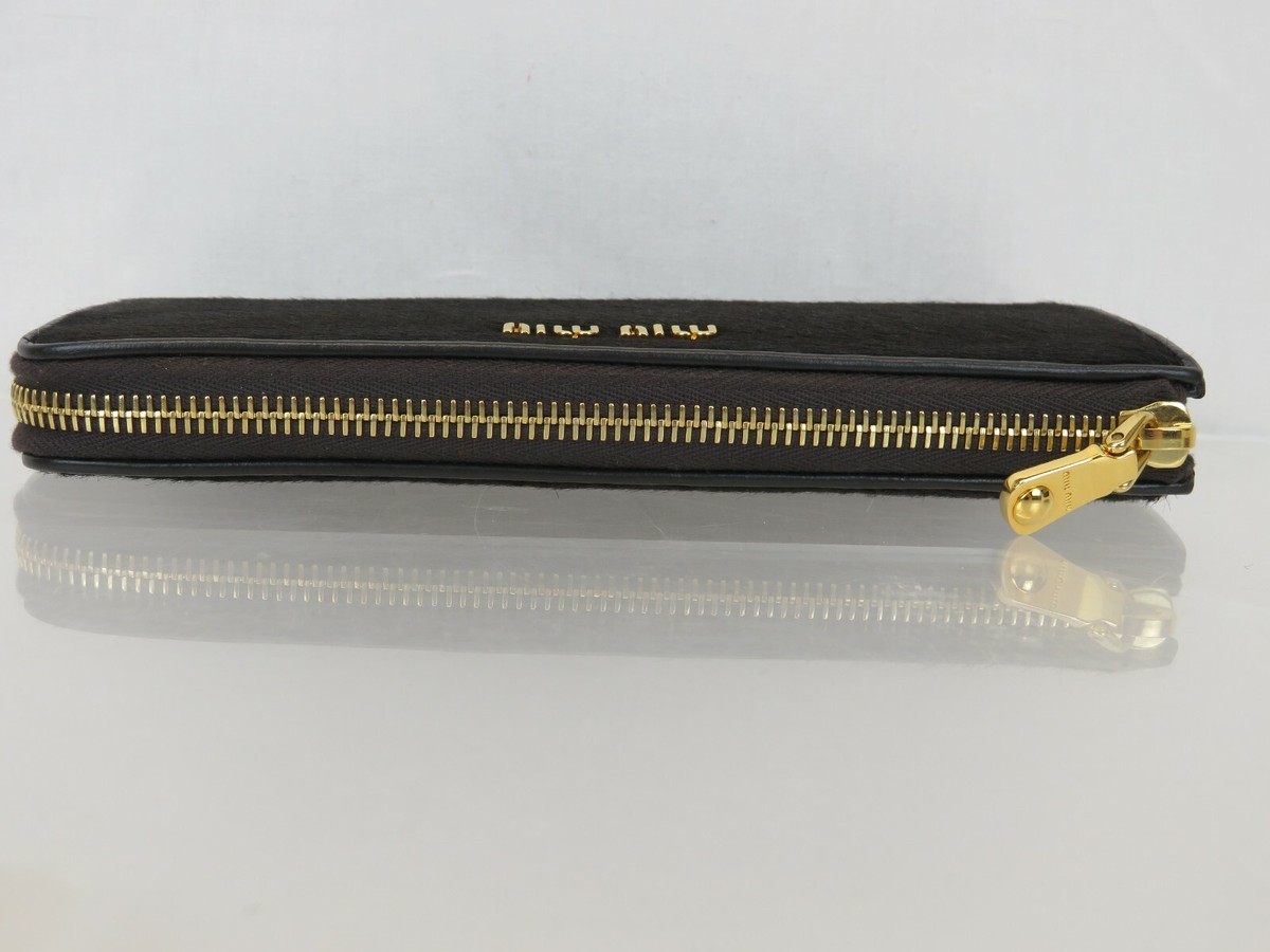 NIB MIU MIU 5M1183 DARK BROWN PONY HAIR LOGO ZIP CONTINENTAL