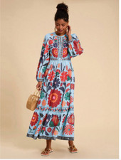 Size Large Shein Long Sleeve Maxi Tie Neck Blue Dress, Tropical Design, NWT