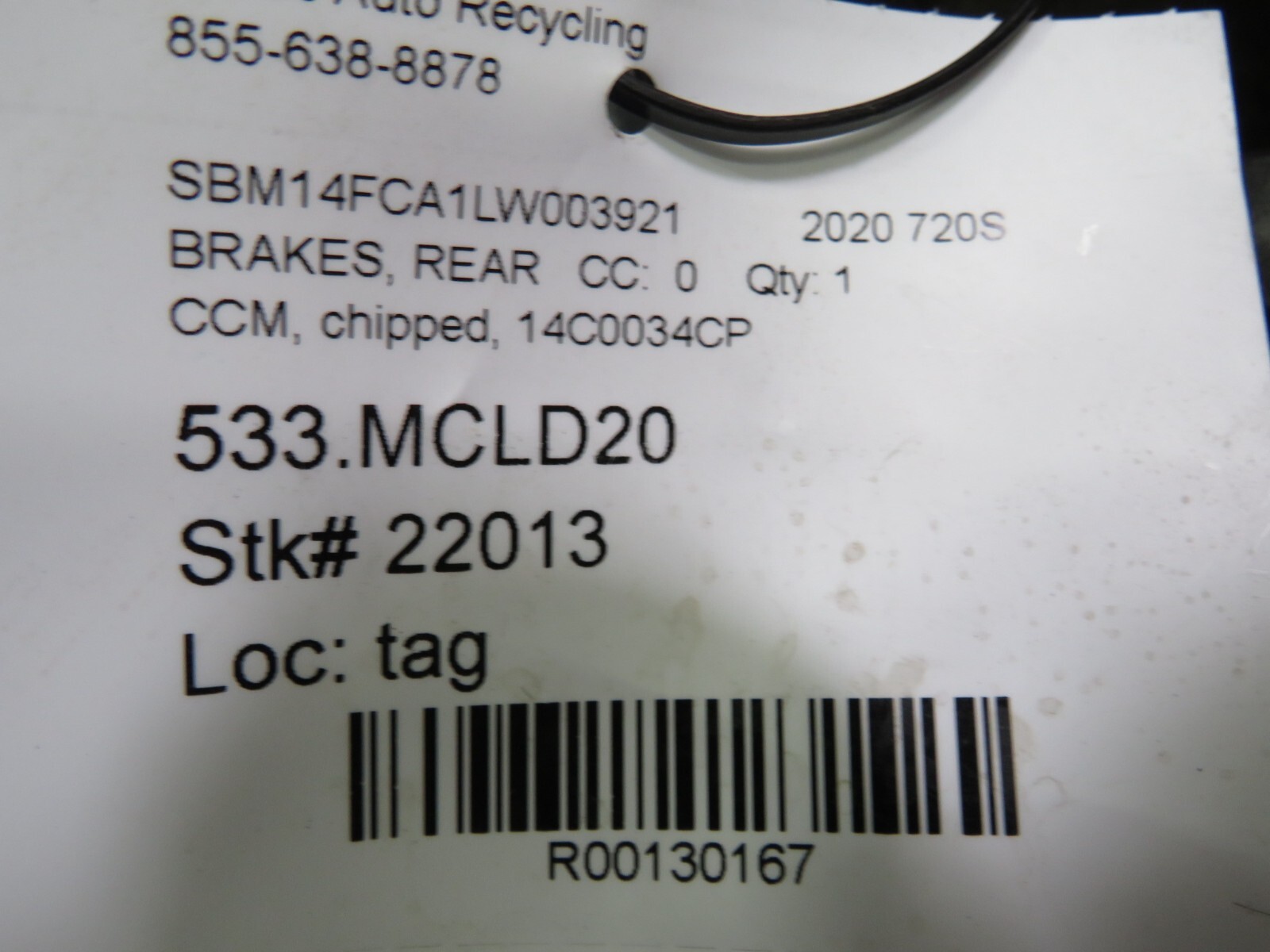McLaren 720S, Rear CCM Brake Rotor, Chipped, Used, P/N 14C0034CP