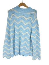 Jodifl Soft Open Knit Granny Core Boho Cream Blue Pullover Sweater Womens M New