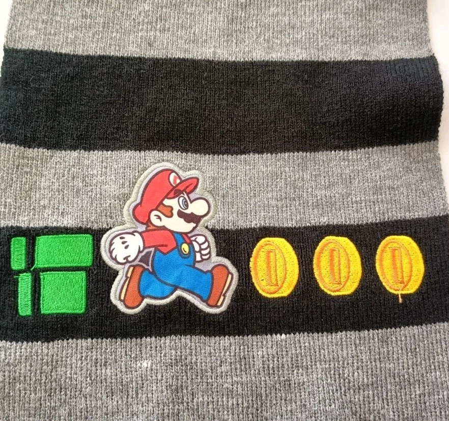 Bufanda de Invierno Super Mario Negra Gris Rayas Bordada 59" Juvenil Jugador Regalo Foto 3 de 4