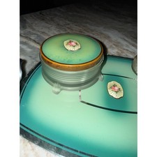Vintage Art Deco Uranium Glass Vanity Set Green Glow Powder Jar Rose Medallion