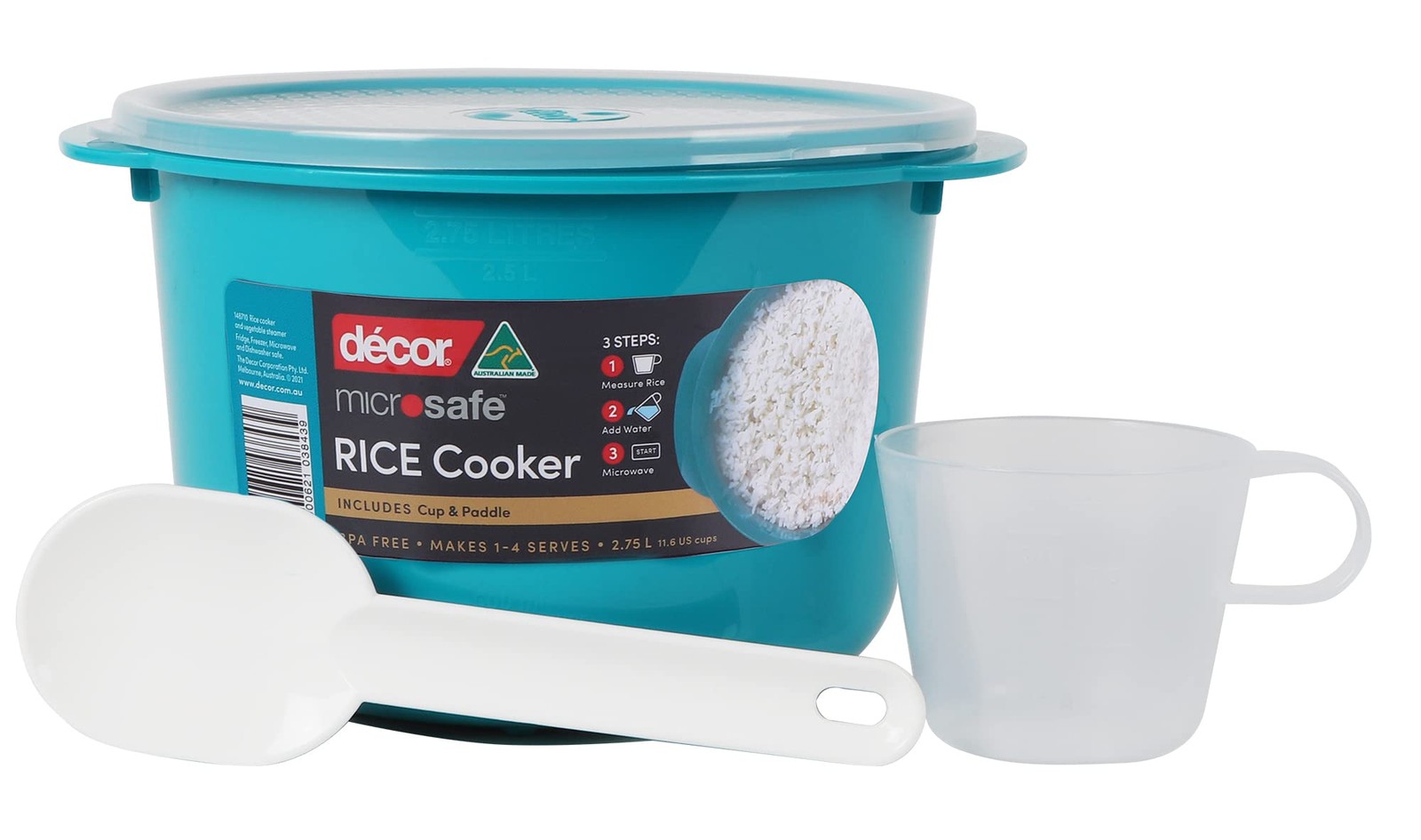 Décor Microwave Rice Cooker Makes 1-4 cups each time comes with 2.75L, Teal