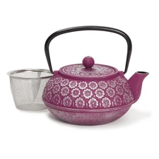 34oz Classic Cast Iron Tea Pot Kettle with Stainless Steel Infuser Purple Floral