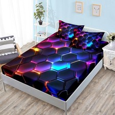 3D Honeycomb Bedding Sets,Geometric Hexagon Pattern Queen Fitted Sheet for Ki...