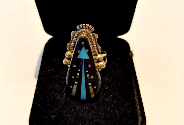 Genuine Sterling Silver Ray Jack Western Zuni Design Inlay Ring