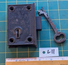 Antique Door Rim Lock Cast Iron With Folding Key Working Condition L11