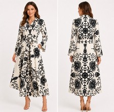 Zara Floral Shirt Dress L Ivory Black Button Front Belted Midi Long Sleeve Boho