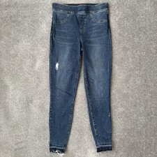 SPANX Jeans Womens Medium Blue Pull-On Skinny Jeggings Distressed Raw Hem Ankle