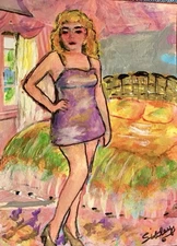 ACEO Original Portrait WOMAN IN BOUDOIR Mixed Media Modern Abstract 2.5x3.5
