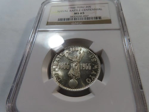 D12 Peru 1966 Silver 20 Soles Naval Battle Centennial NGC MS-65