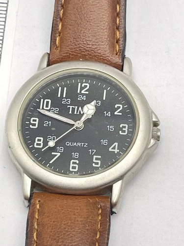 Vintage Timex Quartz Watch Brown Leather Band Mens 90s Black Dial Japan Movement