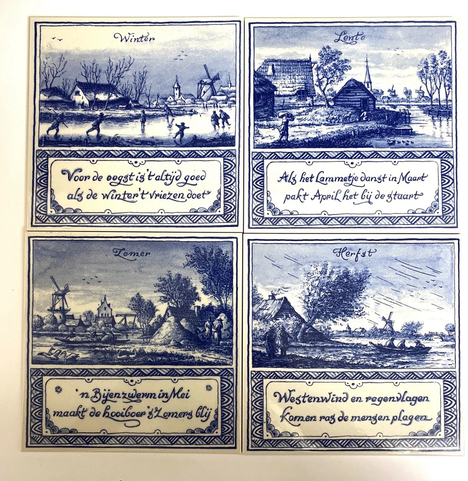 Vintage Set 4 x Delft Blue Holland Ceramic Handmade Art Tiles "Four Seasons" 6" - Image 2 of 4