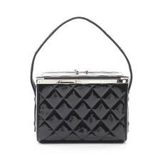 CHANEL Matelassé Handbag Vanity Bag Enamel Leather Black Silver Hardware #RC1967