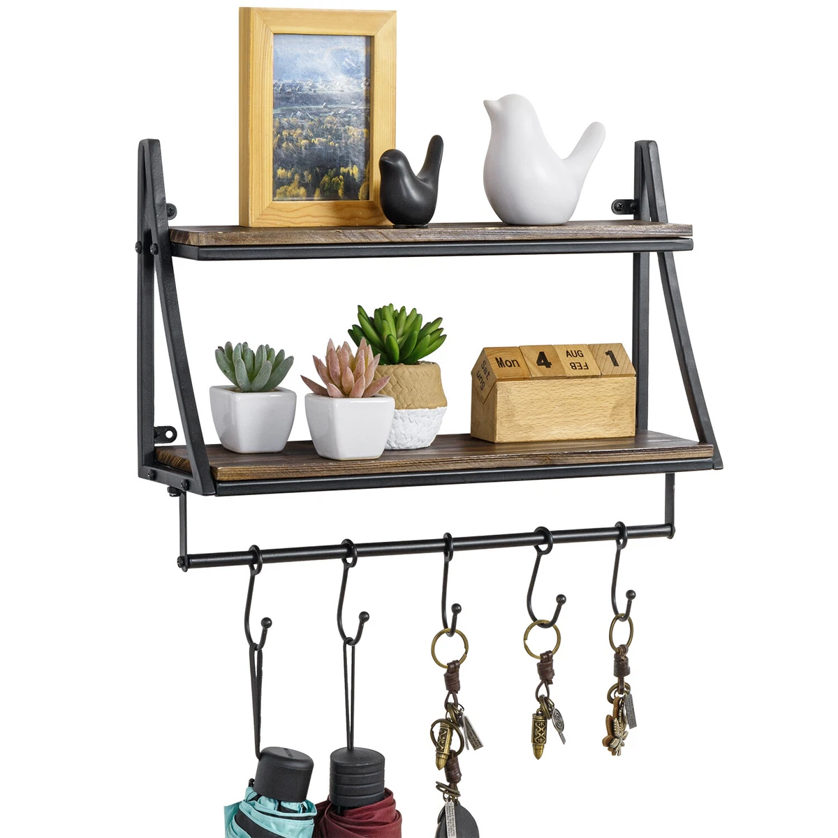 2 Tier Industrial Wood & Metal Display Floating Storage Shelf w/ 5 Hanging  Hooks