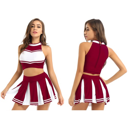 Womens Schoolgirl Cheerleader Uniform Suit Top Skirt Fancy Dress Cosplay Costume - Picture 41 of 100