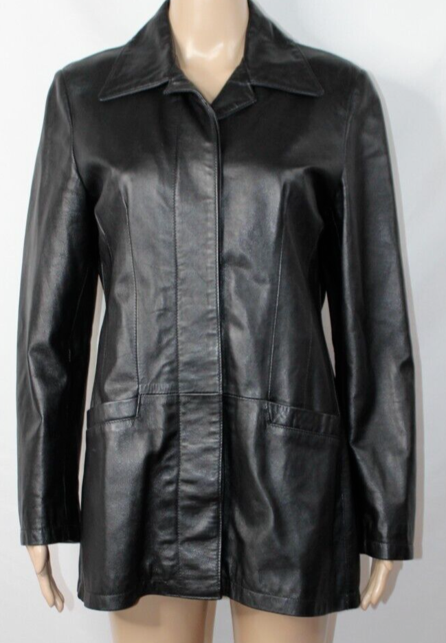 Misuri Womens Black Italian Leather Jacket Pockets Collared Lined Buttons S