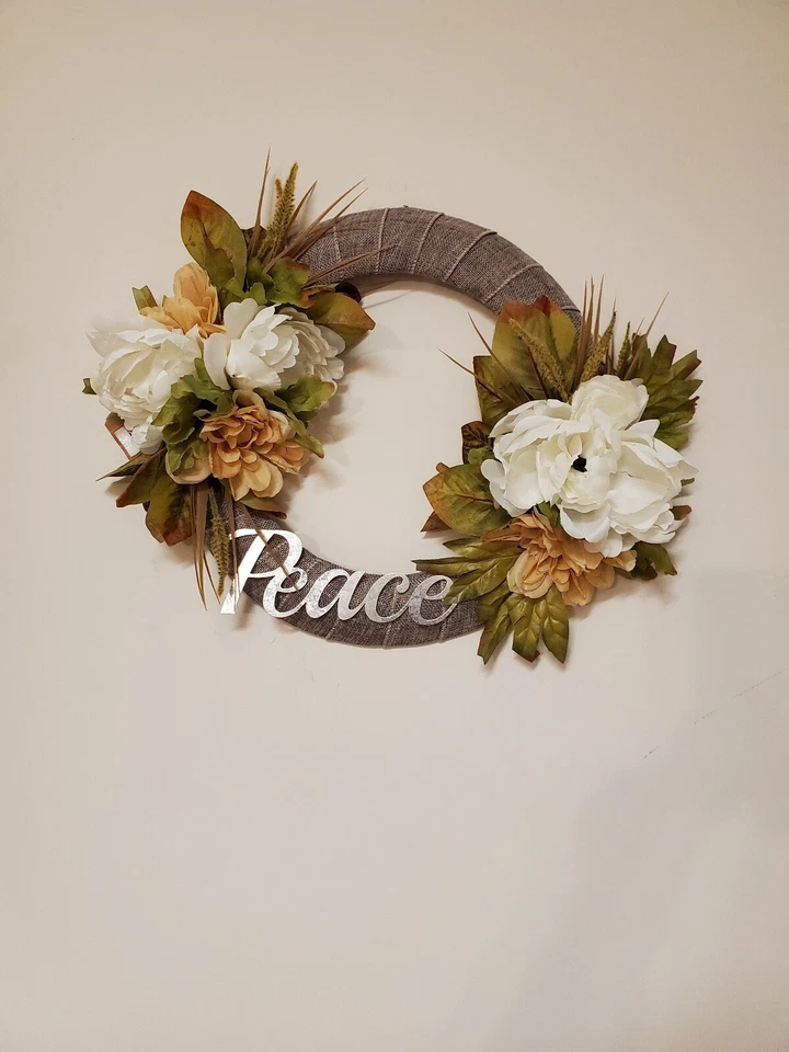 PEACE peony white beige brown green BEAUTIFUL WREATH elegant Decor Front Door 15 - Imagem 2 de 4