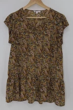 DR2 Women’s Yellow Paisley Chiffon Ruffled Tunic Blouse Size L, Boho, Office