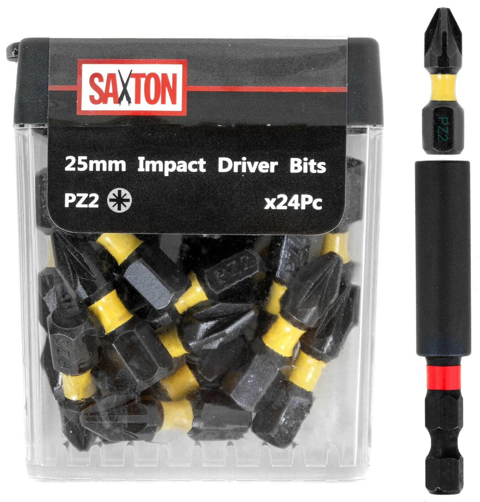 Saxton 24x PZ2-25mm Pozi-drive 2 Impact Duty Screwdriver Drill Bits Set + Holder
