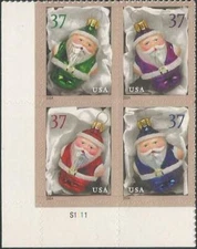 Plate Block of 4 stamps - Scott 3883-86 - 37 cent - Santa Ornaments - 2004 - MNH
