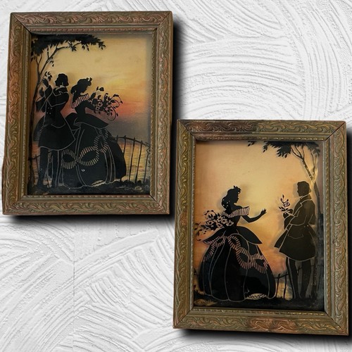 Vintage Paar 5 "x 4,25" umgekehrte Malerei auf konvexem Glas umwerbende Paar Silhouetten - Bild 13 von 24