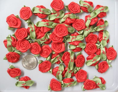200 pc 3/4'' Red Satin Ribbon Rose Flower, Embellishment - Vintage