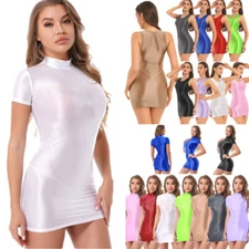 Womens Sexy Glossy Bodycon Mini Dress See Through Pencil Dresses Party Clubwear