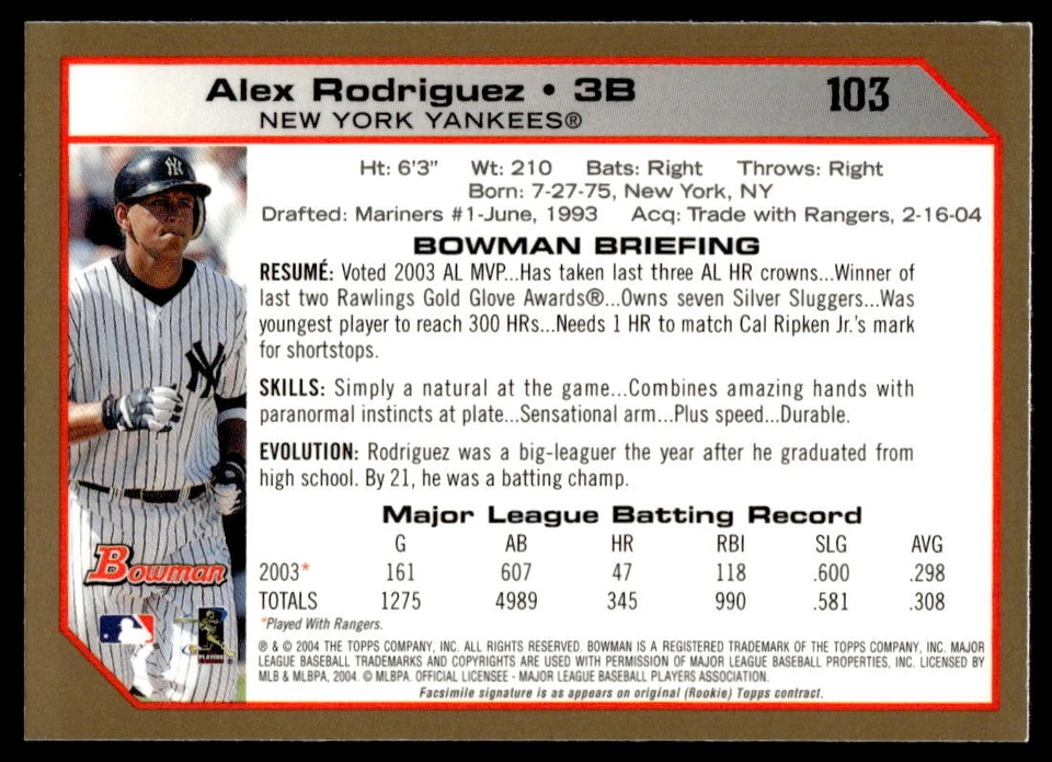2004 Bowman #103 Alex Rodriguez BASEBALL New York Yankees - Image 2 of 2