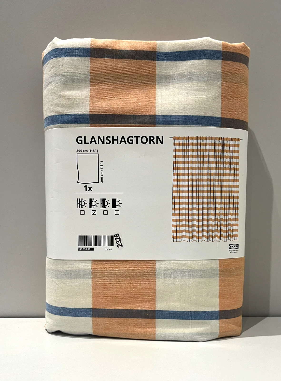 IKEA GLANSHAGTORN Curtain, 1 Piece, Orange White/Blue 300x300 cm, 118x118" NEW