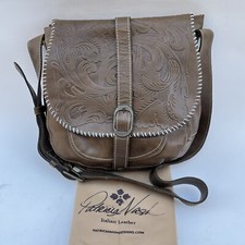 Patricia Nash Barcelona Tooled Leather Saddle Bag Crossbody Brown Stitched
