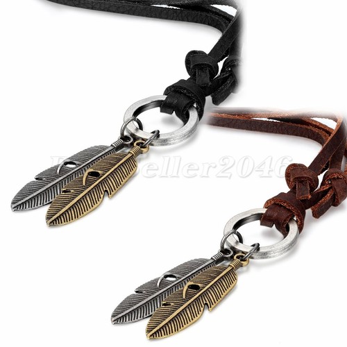 Double Feather Pendant Leather Necklace 