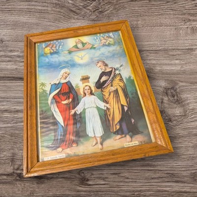 Vintage Mexican Holy Family Lithograph Framed Sagrada Familia MCM