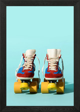 Retro Roller Skates on Blue Backgro Framed Wall Art Poster Canvas Print Picture