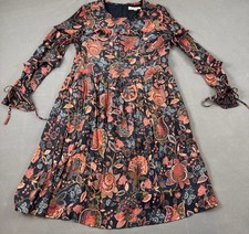 LOFT Floral Ruffle Sleeve Dress Womens 12 Navy Orange Boho Midi Peasant