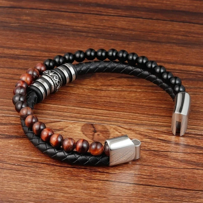 Red Tiger's Eye Black Onyx Stone Bracelet Mens Leather Braided Bracelet Magnetic - Image 4 of 4