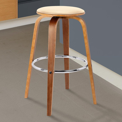 Set of 2 Cream Faux Leather Backless Swivel Bar Stools - Mid-Century Modern