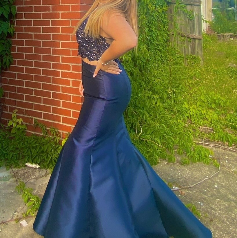 navy blue fitted prom dress mermaid dress, two piece. ALREADY ALTERED! (below) size navy blue long