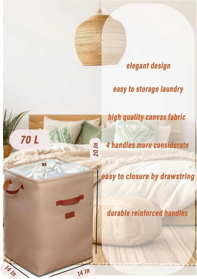 LAUNDRY BASKET CLOTHES HAMPER- 70L LARGE LAUNDRY HAMPER, COTTON COLLAPSIBLE BAG - Image 4 of 4