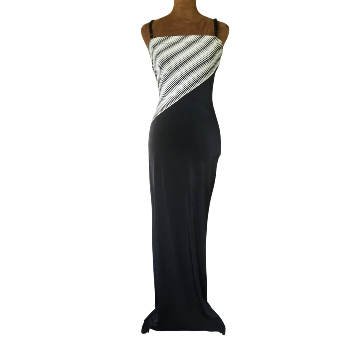 bebe striped maxi dress BEBE Womens Black White Striped Lace Up Front V-Back Long Summer Maxi Dress Sz M