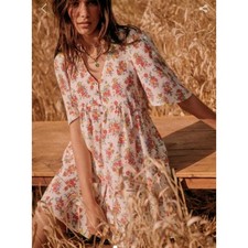 Sézane Floral Mini Dress Cream Button Front Babydoll Cottagecore 36 Small