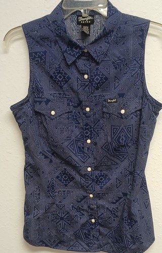 Womens Wrangler Retro Top M Sleeveless Blue Aztec Print South Western Rodeo - Picture 2 of 7