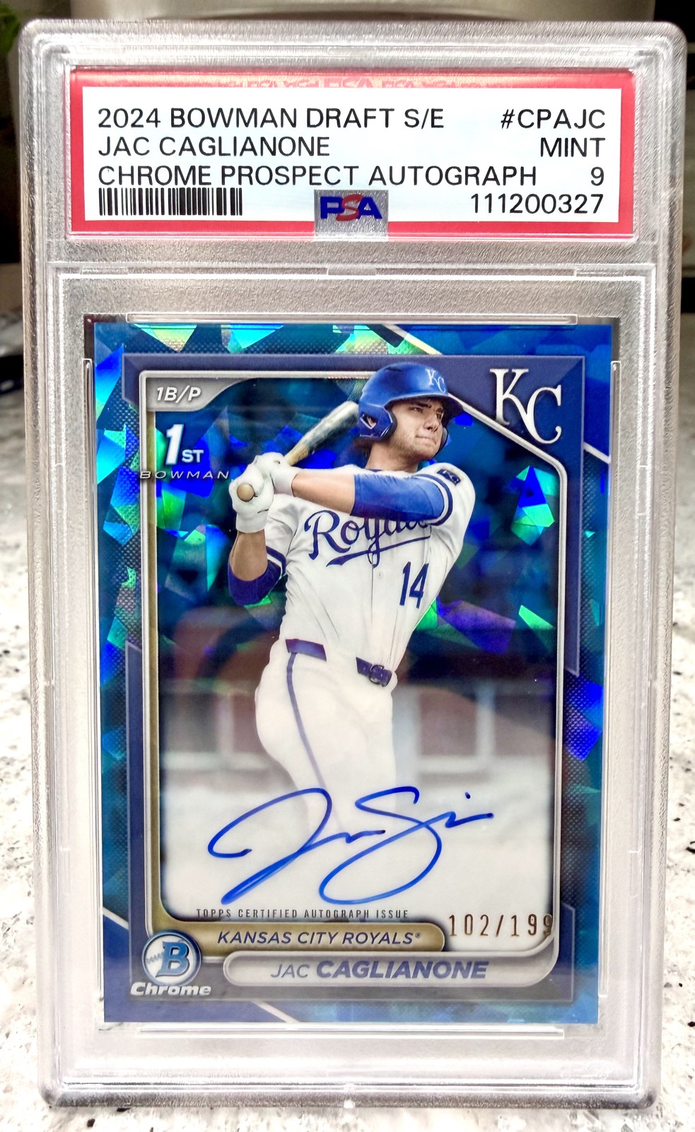 2024 Bowman Draft Jac Caglianone Chrome Auto Blue Sapphire 1st /199 PSA 9 (RC)
