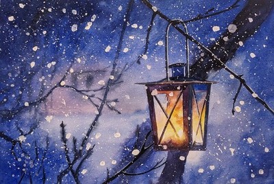 Winter Lantern Watercolor Snowfall Night Scene A4 Snowy Landscape Christmas Gift