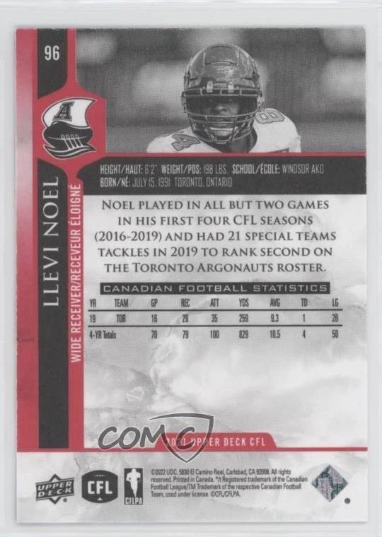 2021 Upper Deck CFL Red /165 Llevi Noel #96 - Image 2 of 2